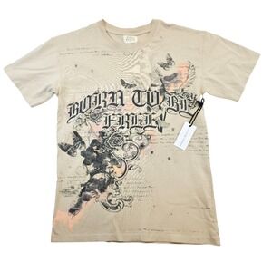 Urban Nation Born To Be Free Graphic Tee Tan Script Butterfly Roses Sz Small NWT